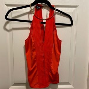 Bebe red pleated V neck halter top